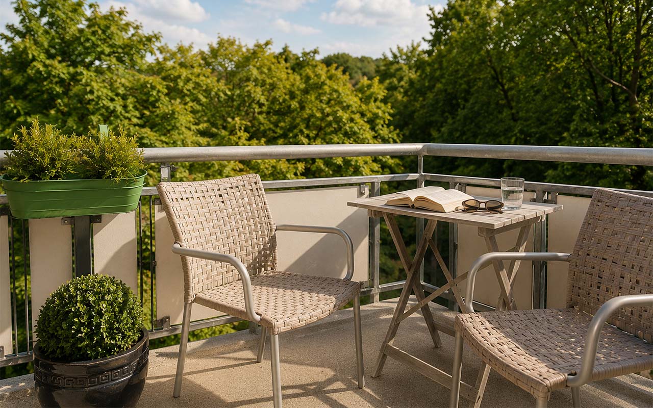 Sonniger Balkon mit Sesseln, Tisch und Blick ins Grüne in einer Ferienwohnung in Zinnowitz auf Usedom.