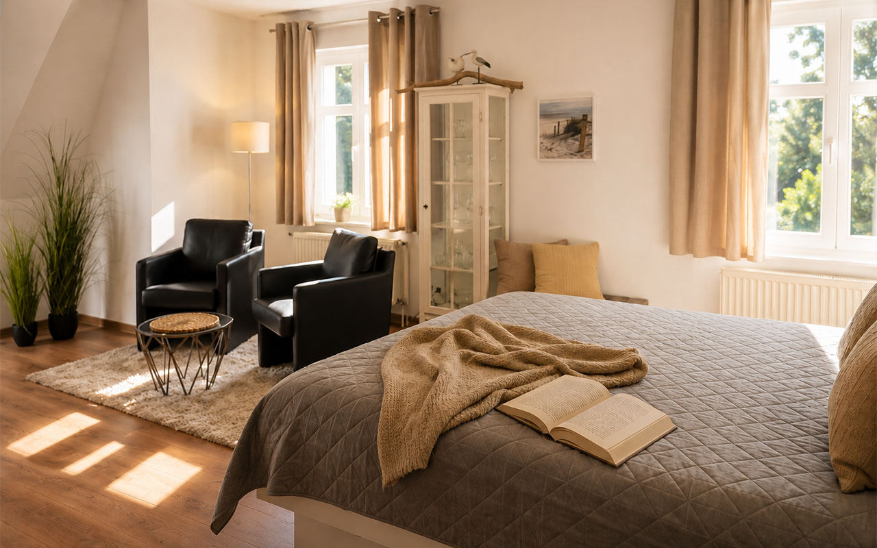 Schlafbereich mit Doppelbett, Sitzecke und Ledersesseln in einer Ferienwohnung in Zinnowitz auf Usedom.