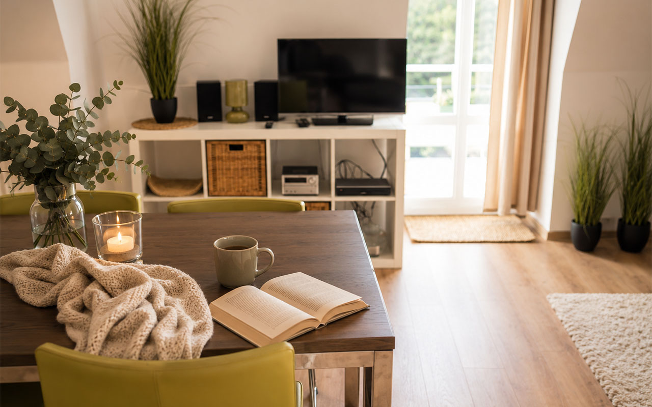 Wohn- und Essbereich mit Holztisch, Stühlen und TV in einer Ferienwohnung in Zinnowitz auf Usedom.