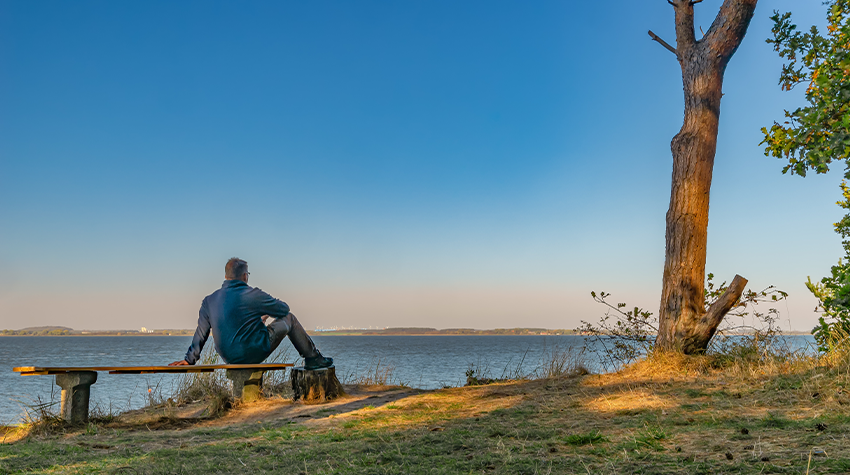 Eine Person genießt auf einer Bank den Ausblick von der Halbinsel Gnitz auf das Achterwasser. © Adobe Stock, stylefoto24