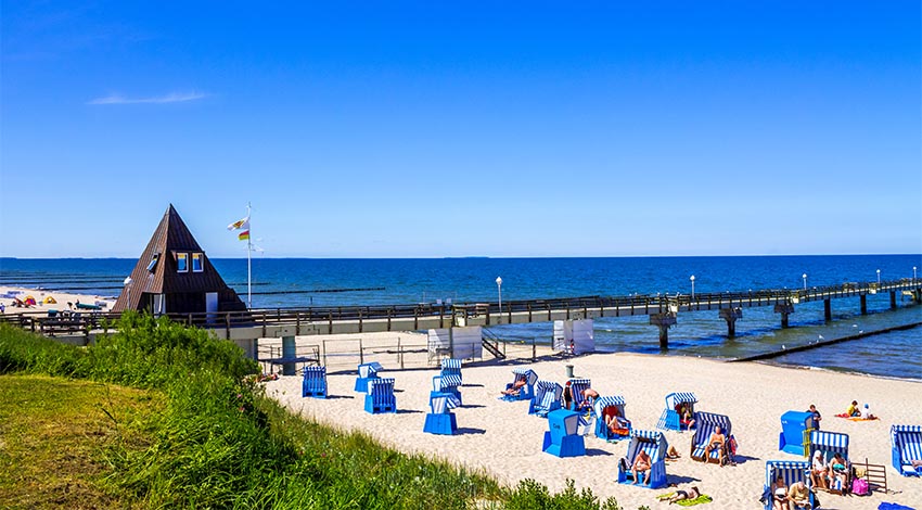 Strand in Koserow mit Seebrücke und Menschen in Strandkörben